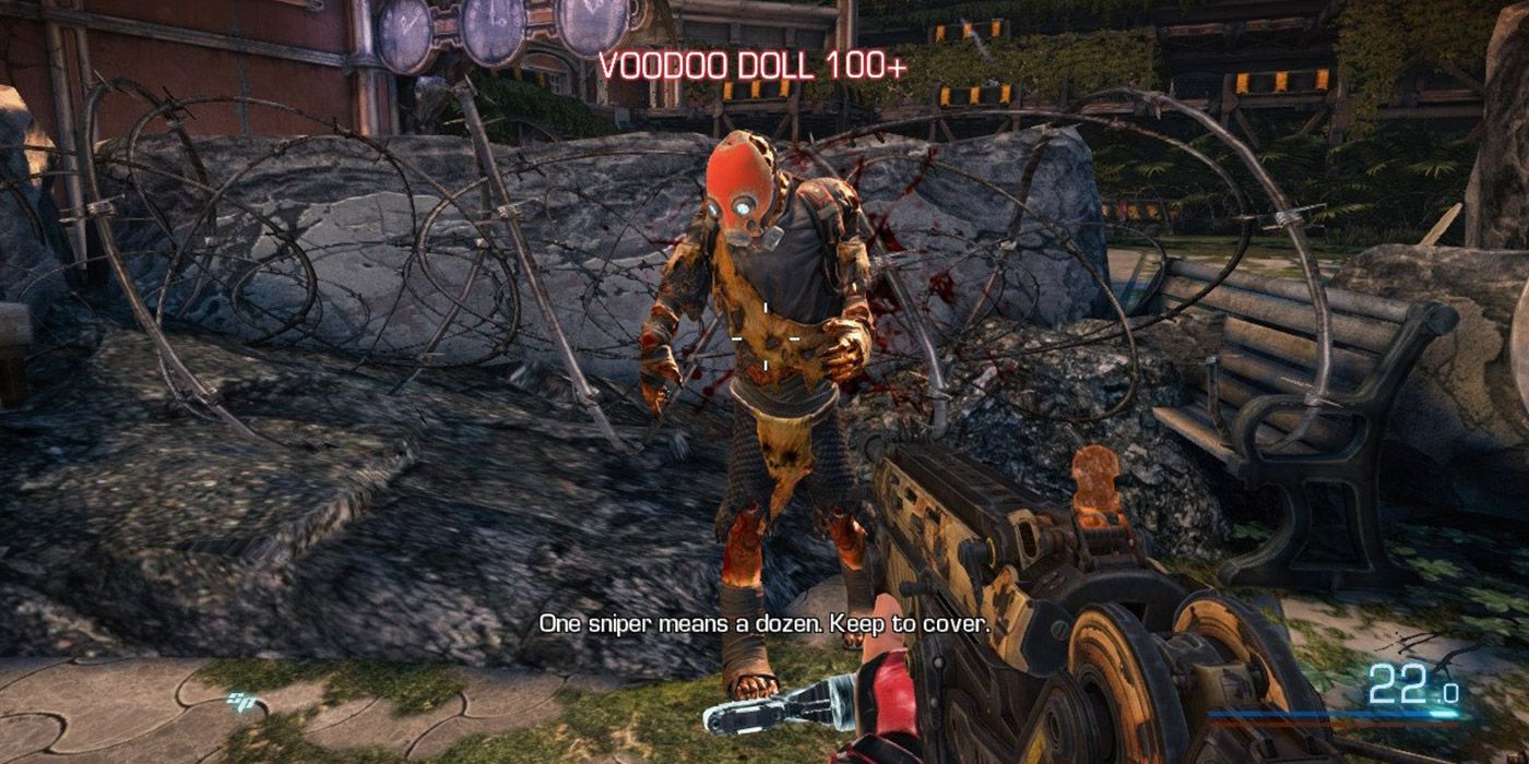 Um jogador atira em um bandido empunhando uma máscara em Bulletstorm