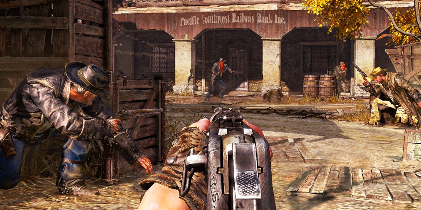 A player aims a shotgun at an enemy during a gunfight in Call of Juarez