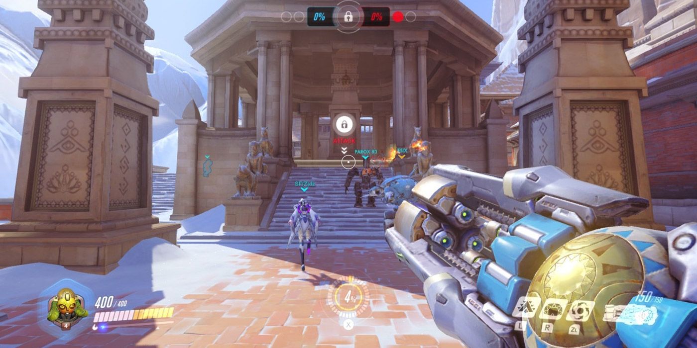 Players battle in teams in an ice temple in Overwatch