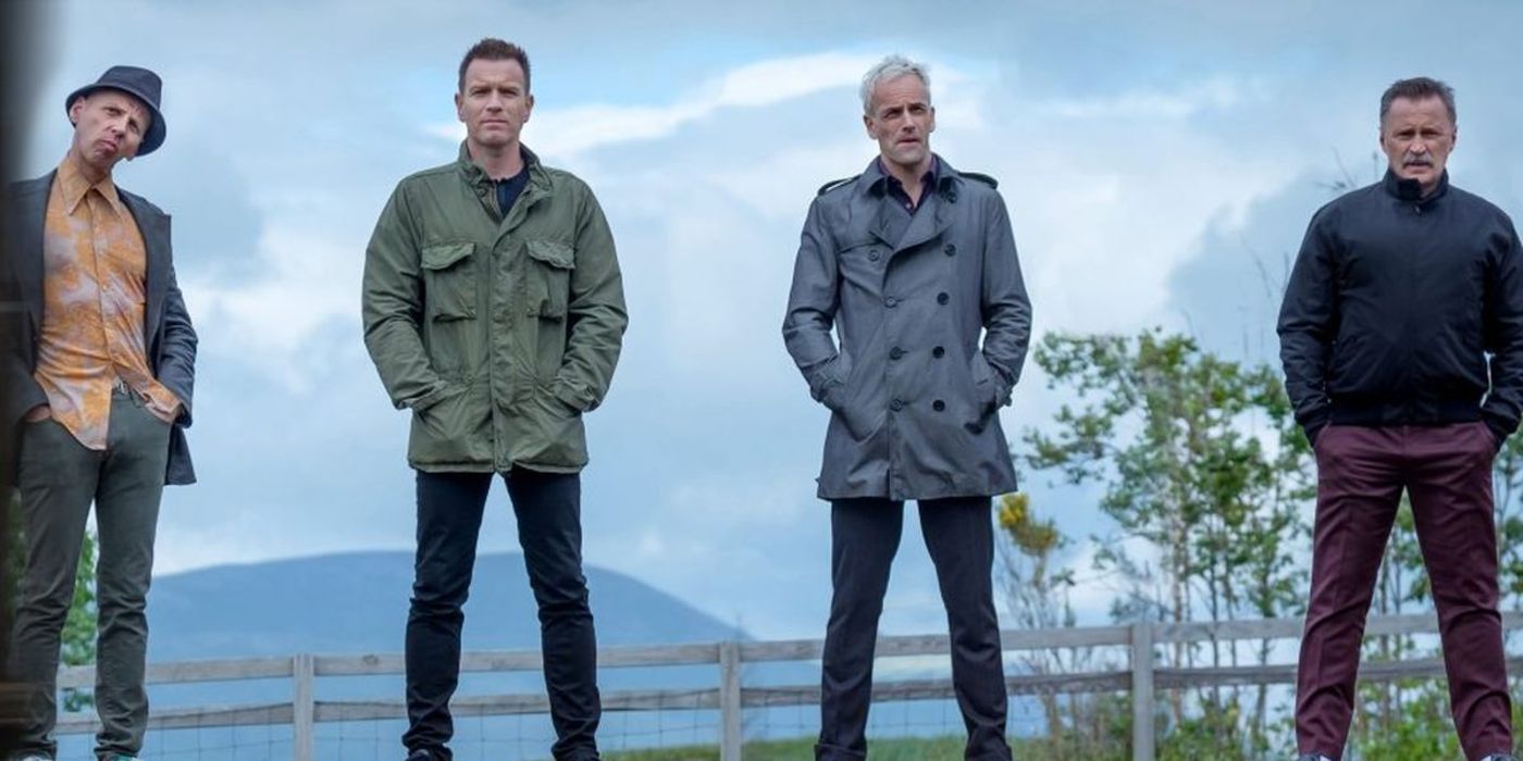 The cast of T2 Trainspotting standing in a line