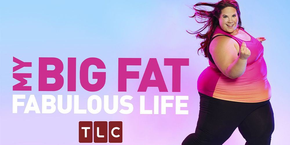 This is a picture of Whitney Way Thore from TLC's 'My Big Fat Fabulous Life' dancing in front of a pink and blue background.