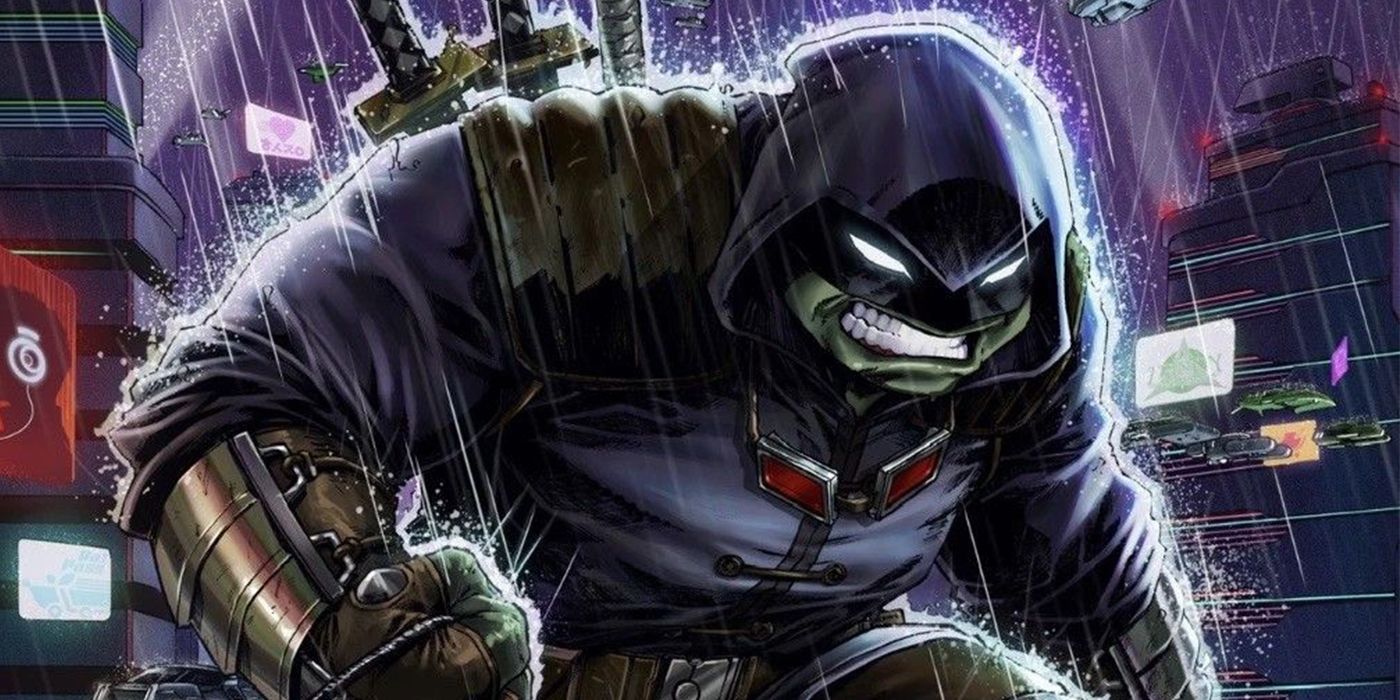 The Last Ronin menatap dengan marah di kota yang basah kuyup dalam komik TMNT: The Last Ronin