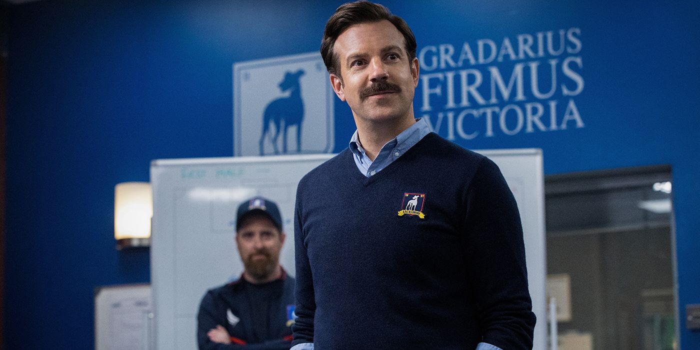 Ted addressing the team in the locker room in Ted Lasso