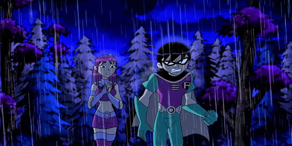 Teen Titans Starfire and Robin walking in rain together