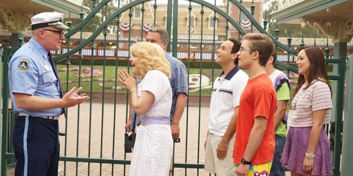 The Goldbergs cast in front of a closed Disneyland.