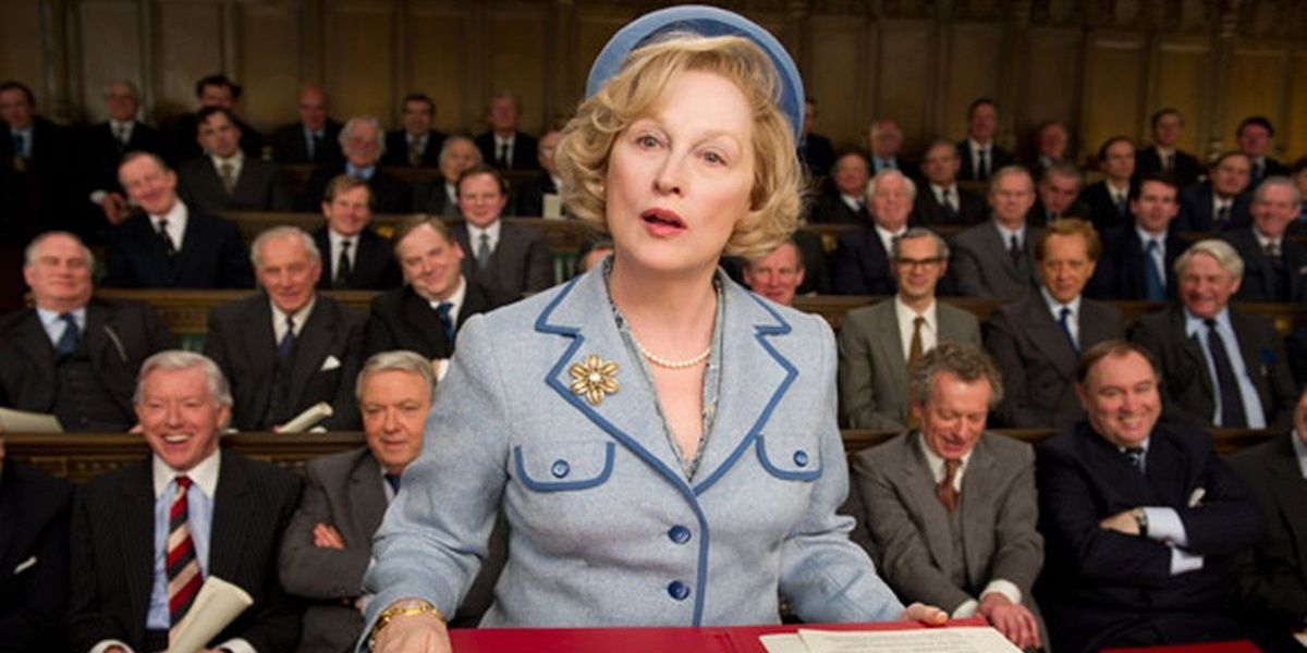 Meryl Streep as Margaret Thatcher making a speech in The Iron Lady