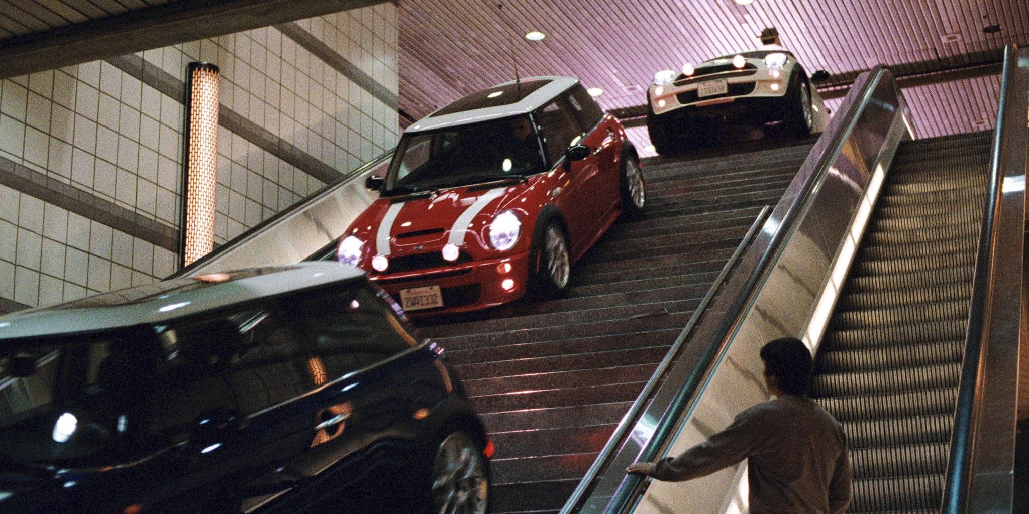 Mini Coopers driving down the stairs in The Italian Job