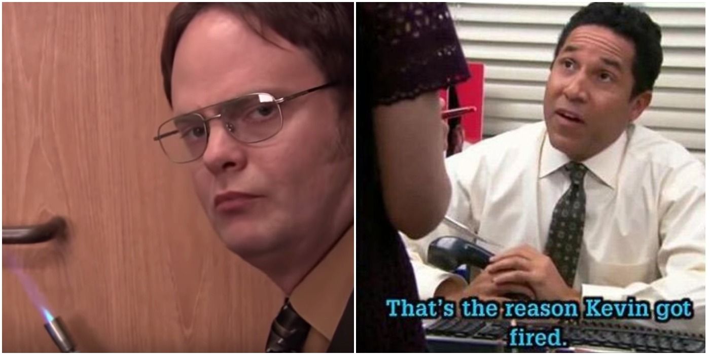 Dwight with blow torch/Oscar at desk sharing why Kevin got fired