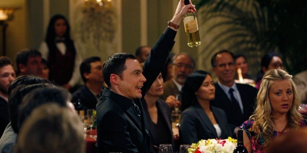 Sheldon lifts an alcohol bottle on TBBT