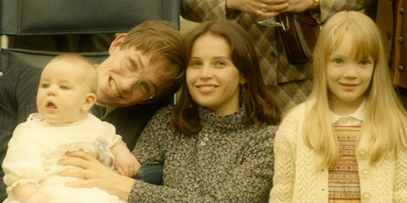 Stephen Hawking in The Theory Of Everything, with his wife and two children. 