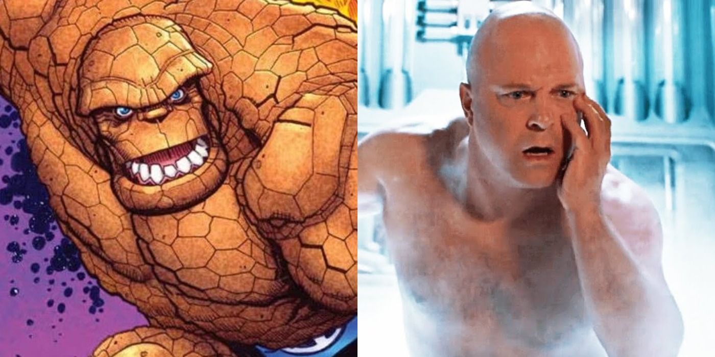 The Thing from Marvel Fantastic Four comics and Michael Chiklis as the human form of Ben Grimm in the fantastic Four movie side by side