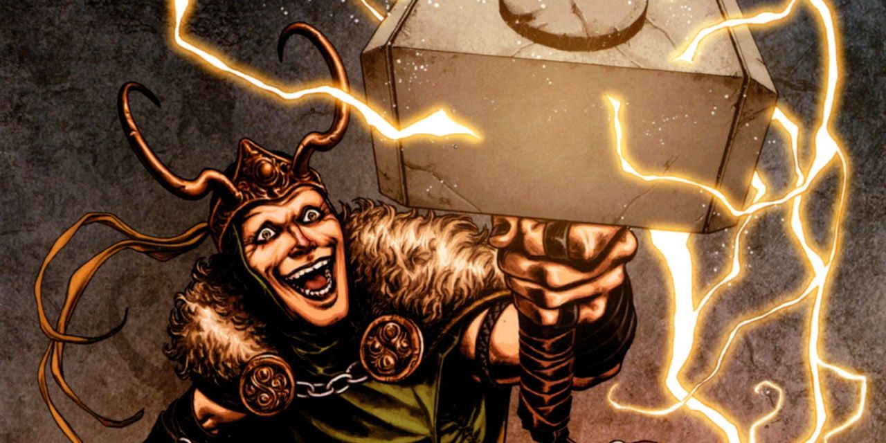The Trials Of Loki #1 Loki holding up Mjolnir with maniacal expression