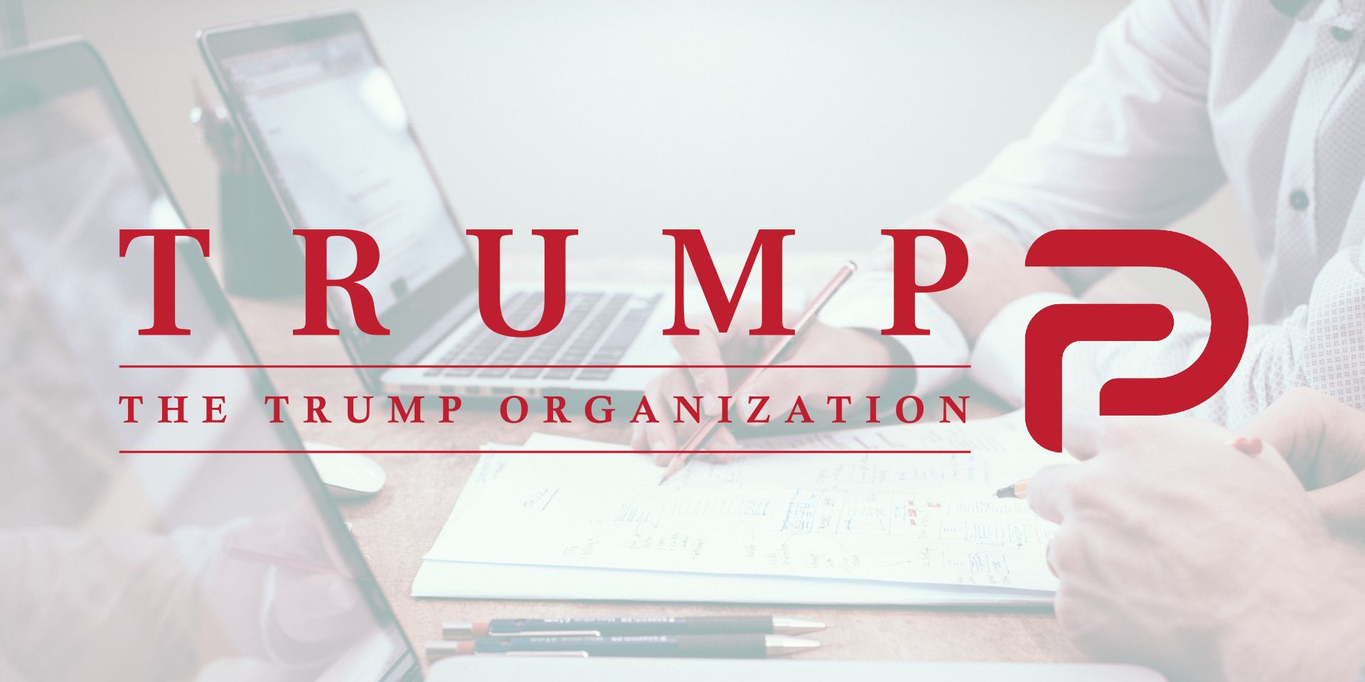 The Trump Organization and Parler logos over a business meeting background