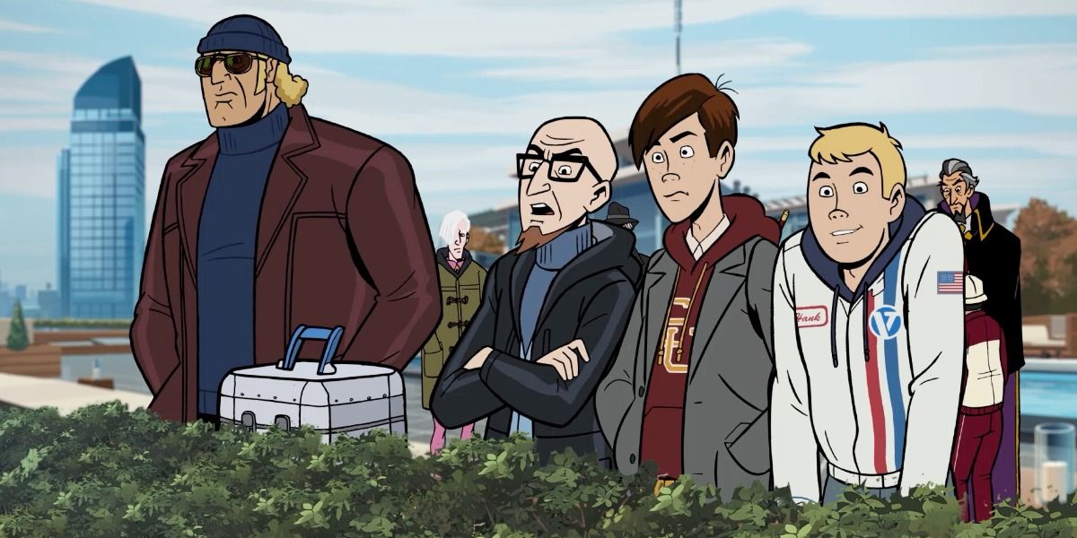 Brock Samson, Dr. Venture, and The Venture Brothers survey the situation from behind a bush in The Venture Bros.
