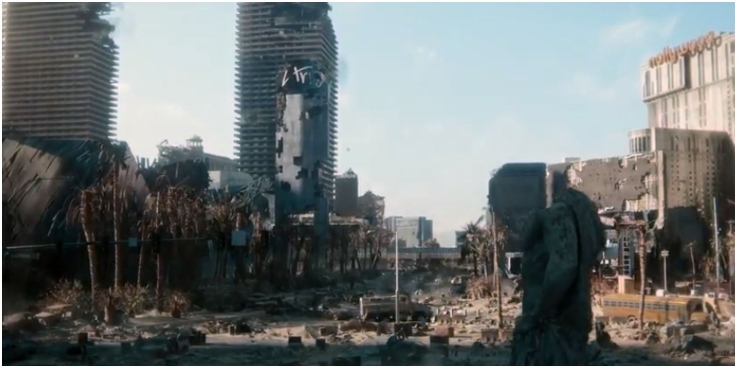 An image of the destroyed buildings in the Army of the Dead movie