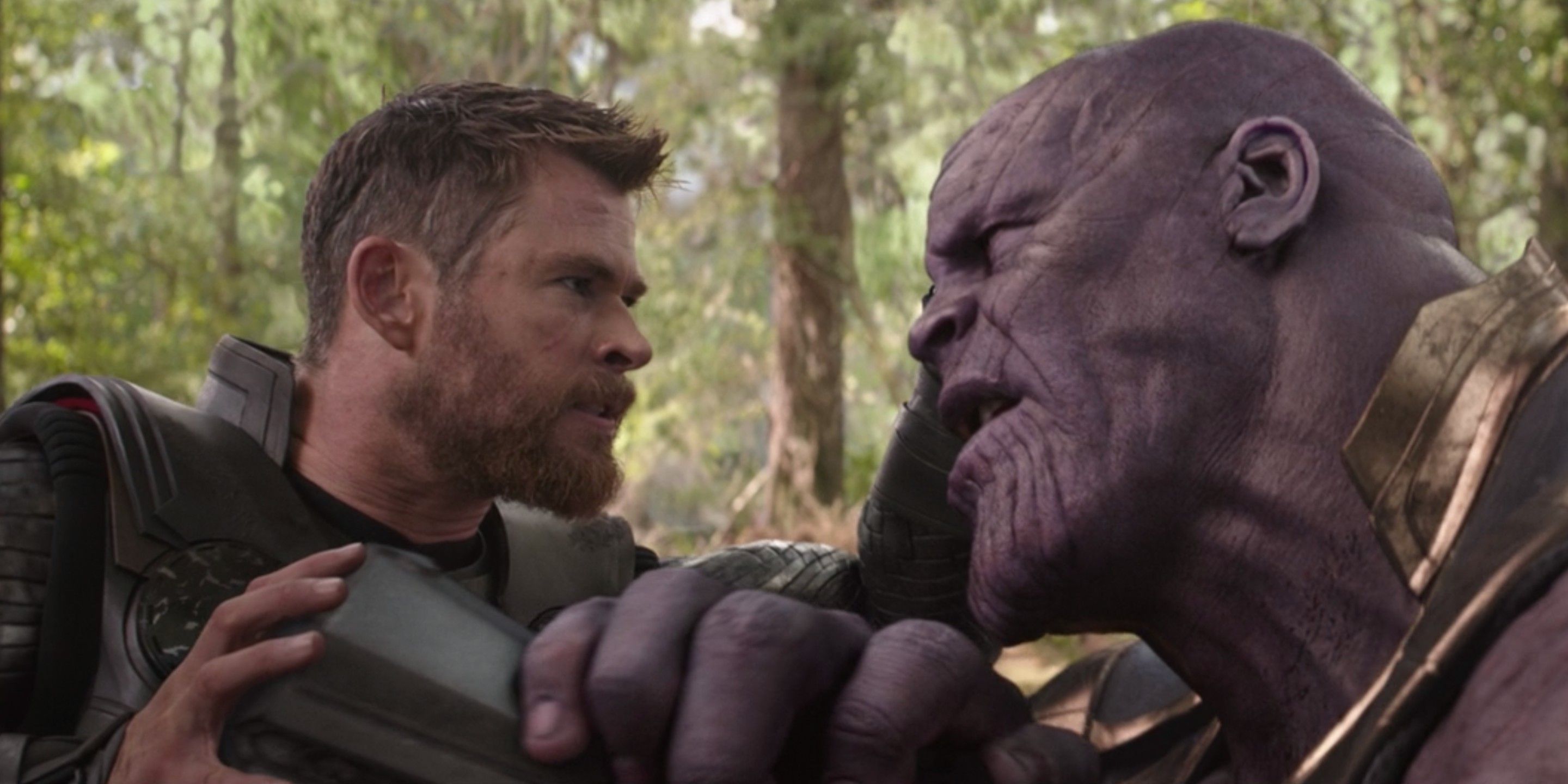Thor smashes Stormbreaker against Thanos in Avengers Infinity War