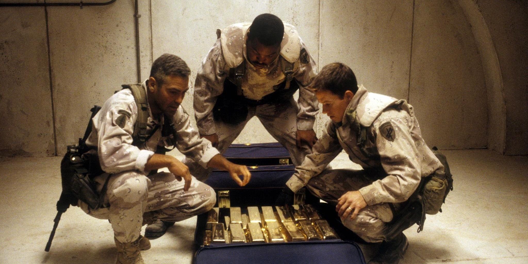 Iraq war soldiers look at a case full of gold in Three Kings