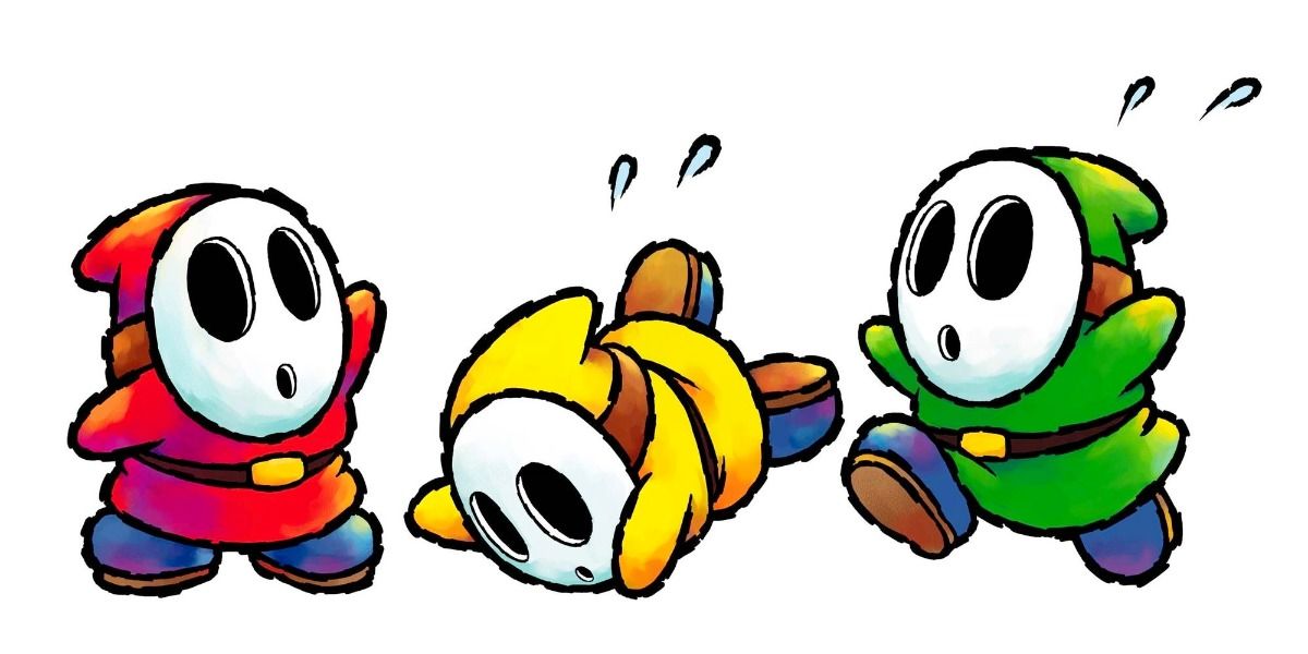 A red, yellow, and green Shy Guy.