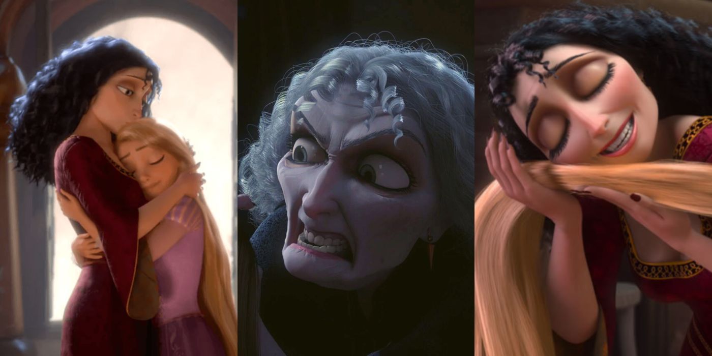 Three split images of Mother Gothel from Tangled
