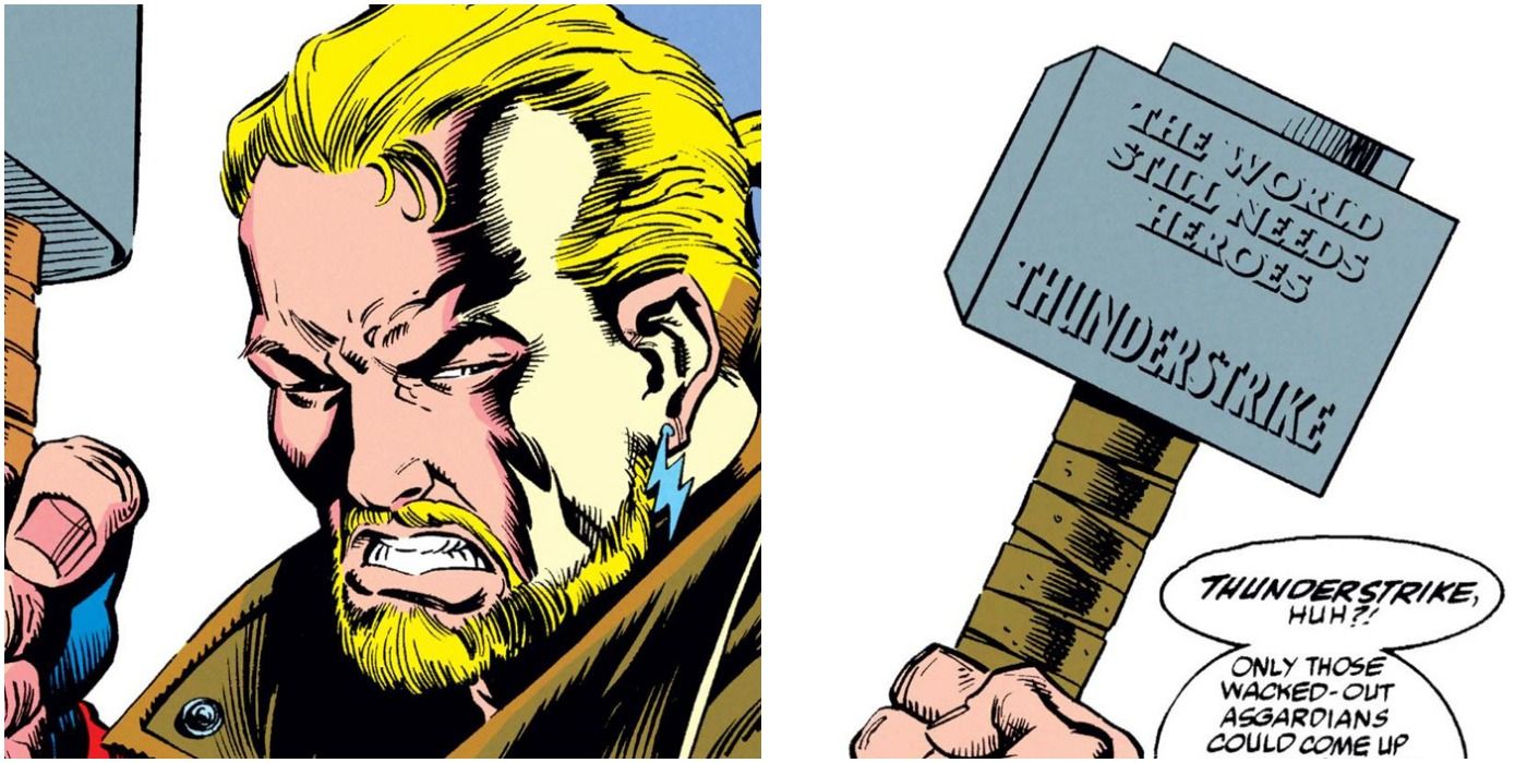 Thunderstrike and his mace in Marvel comics collage
