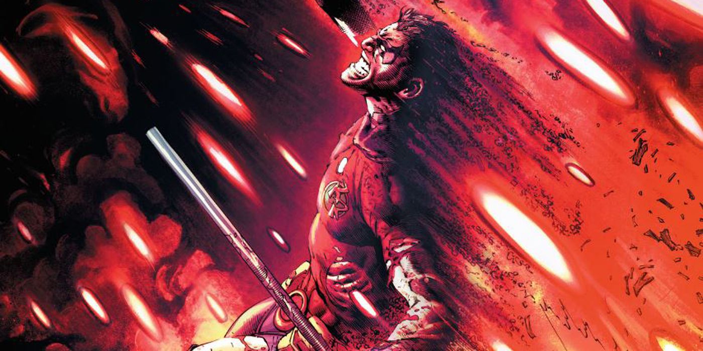 Comic book panel: Robin Tim Drake is burned alive in an explosion.