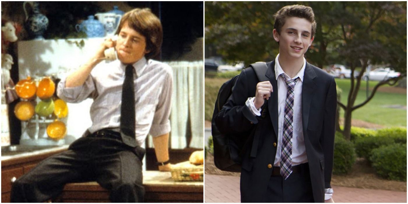 Alex P. Keaton in shirt and tie on phone/Timothee Chalamet in Homeland, wearing private school uniform with backpack on shoulder