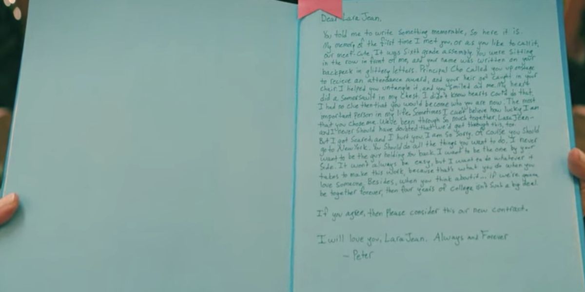 The new contract Peter wrote in Lara Jean's yearbook