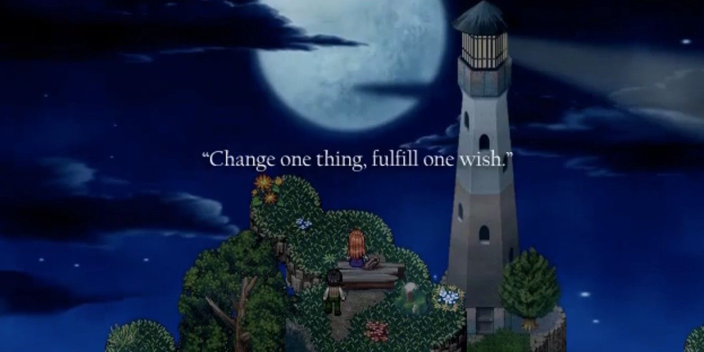 Two characters stand on a hill with a lighthouse as they look up at the moon in the game To The Moon.