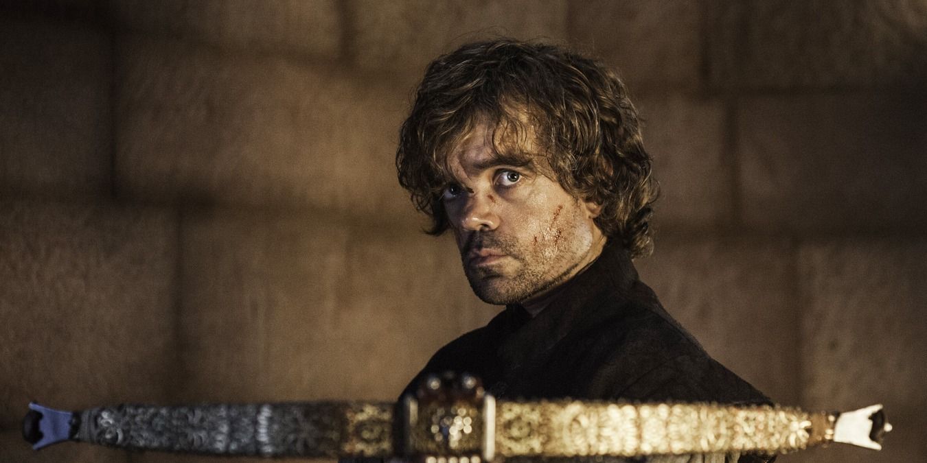 Tyrion aiming a crossbow at someone in Game of Thrones.