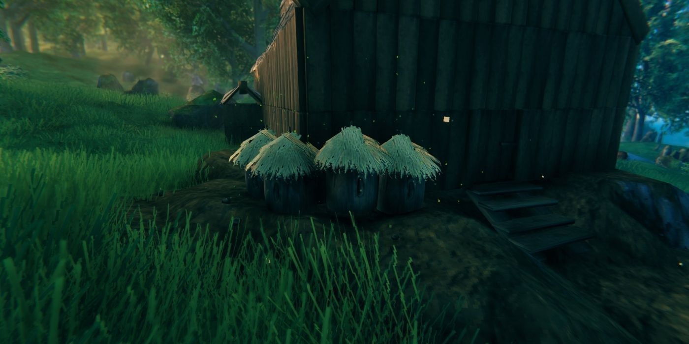 A player sets up beehives near their home in Valheim