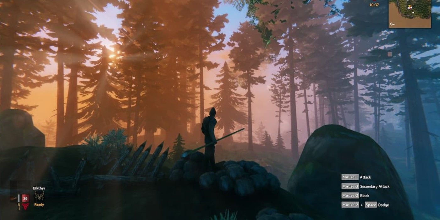 A player enters the Black Forest and stands on a rock in Valheim