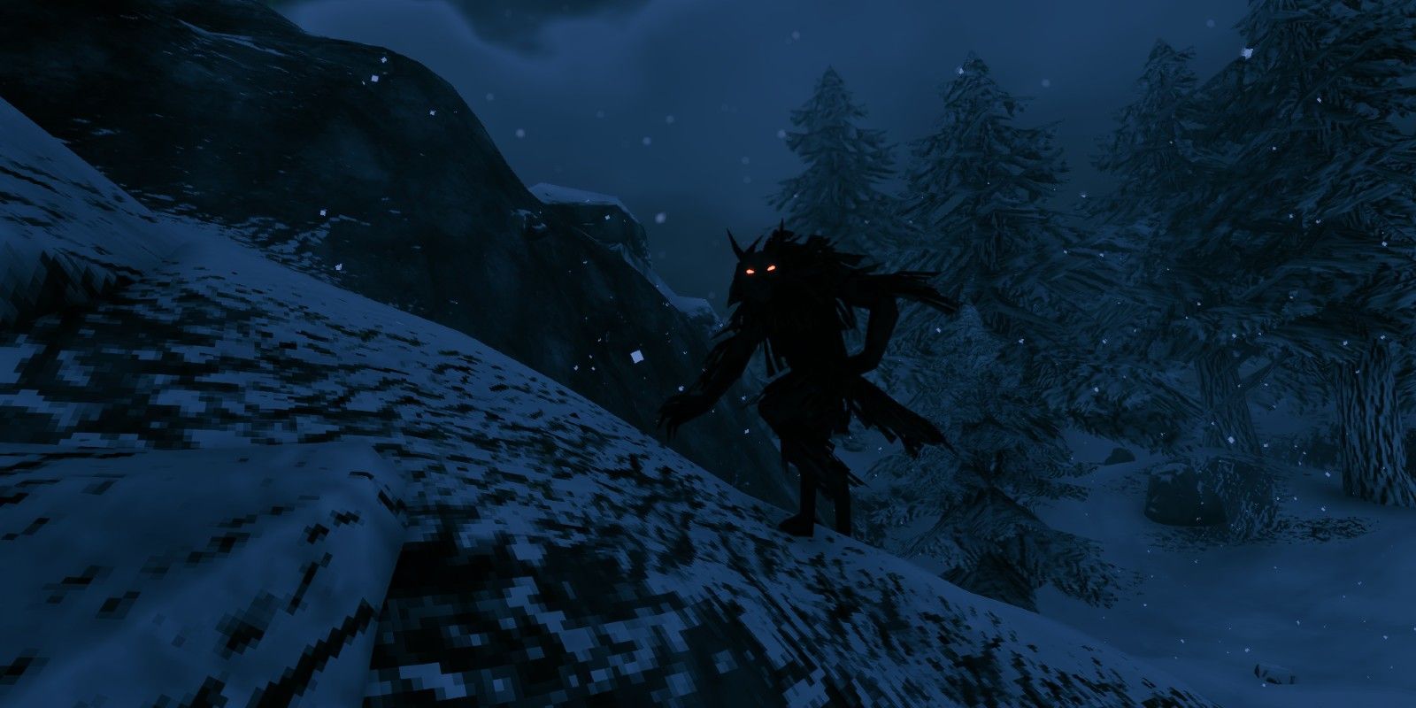 A player faces a Fenring in the Mountains at night in Valheim