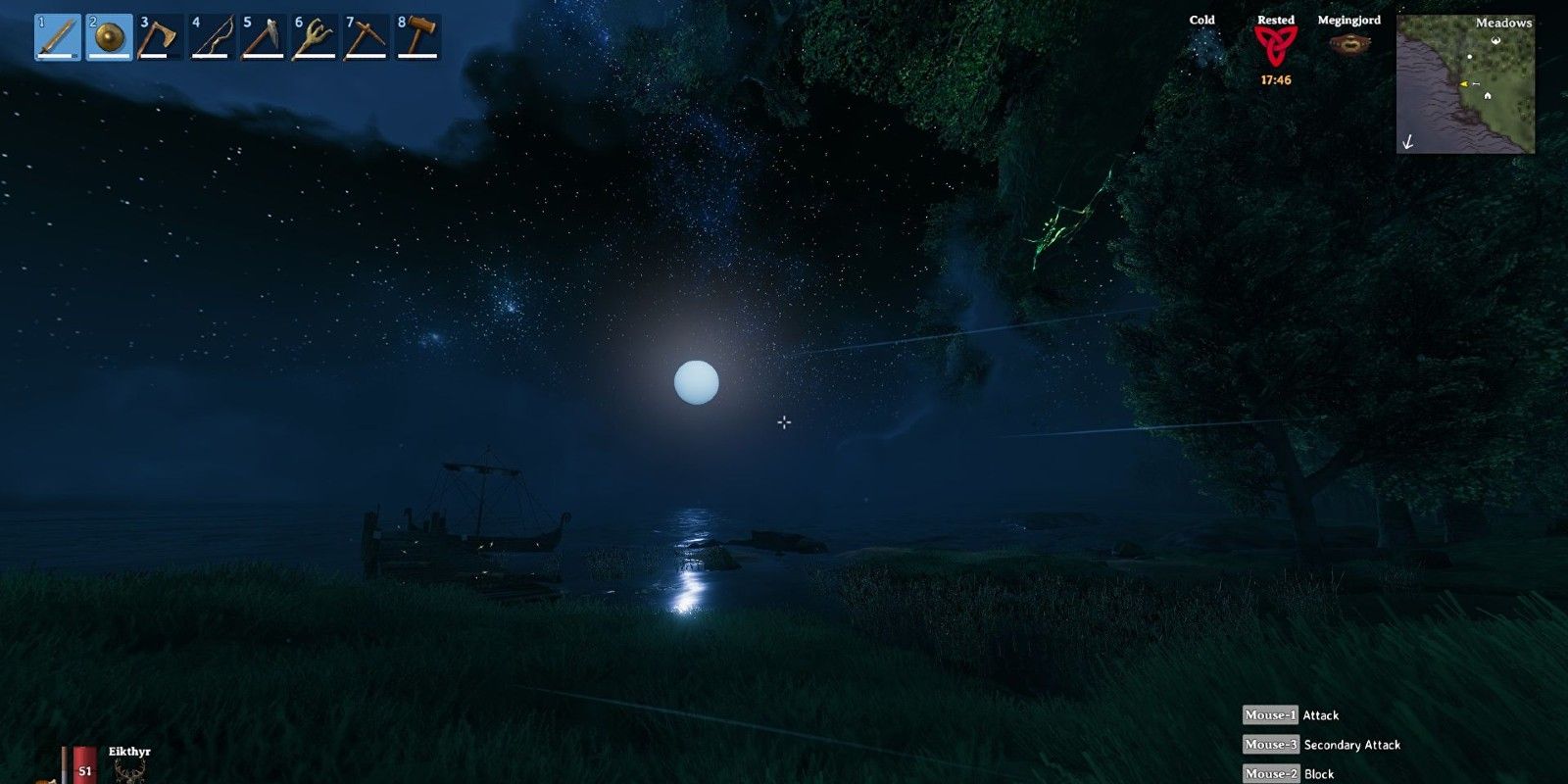 A player looks at the moon over water using First Person View Mod in Valheim