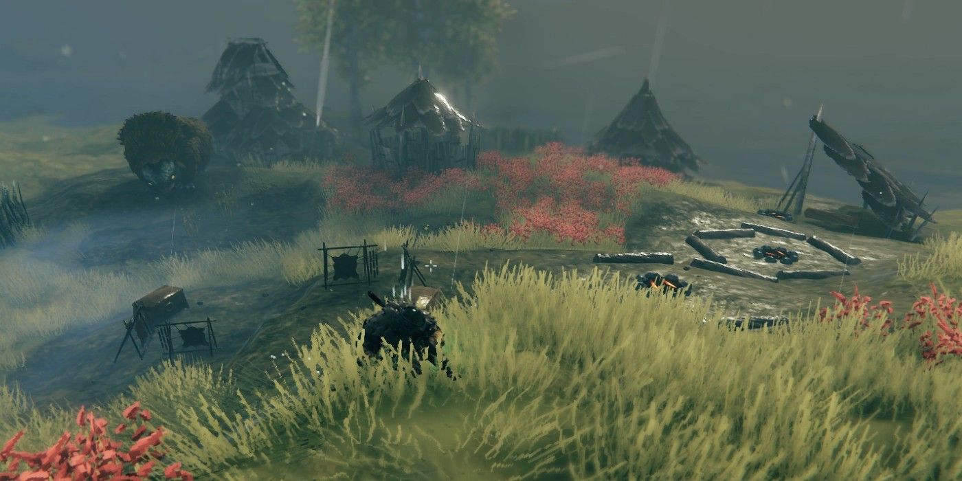 A player finds an empty Fuling Village in the Plains biome of Valheim