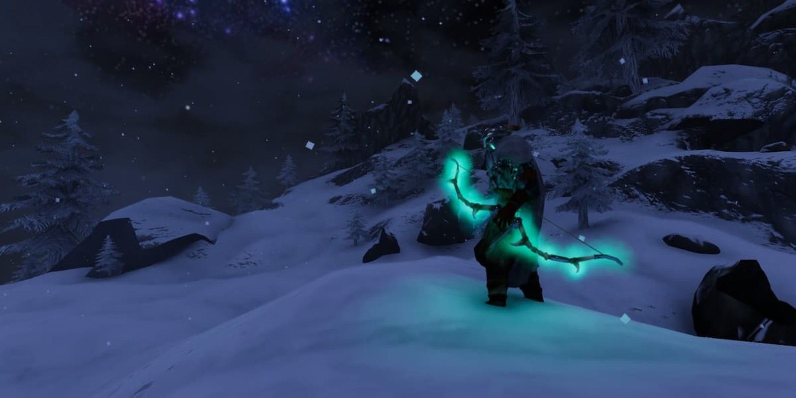 A player uses a glowing bow on a snowy mountain in Valheim