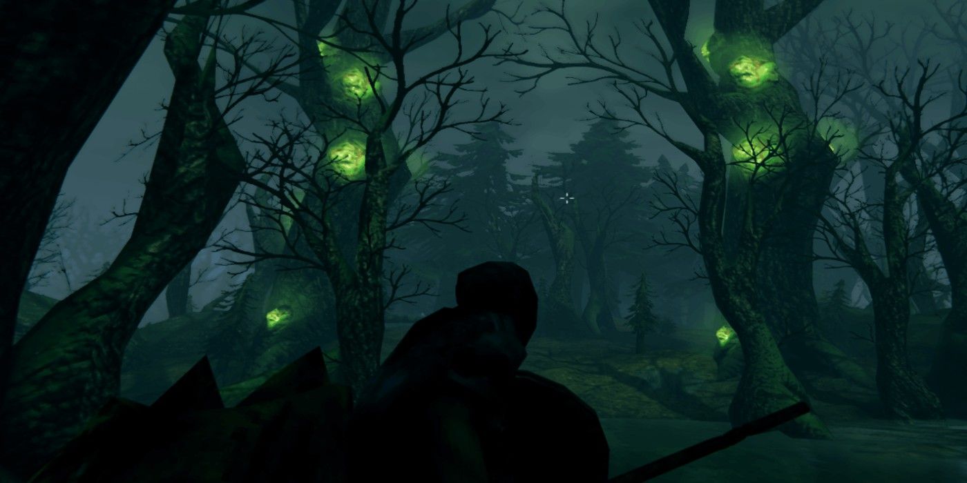 A player finds Guck on tree trunks in the Swamp biome of Valheim