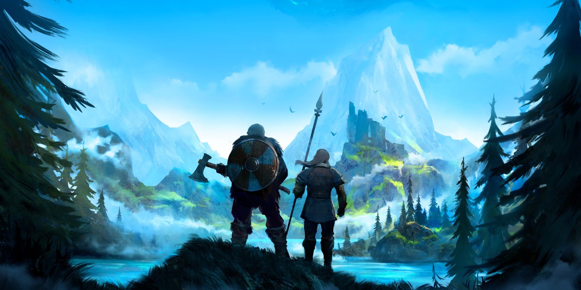 Two Vikings stand on a hill overlooking Valheim