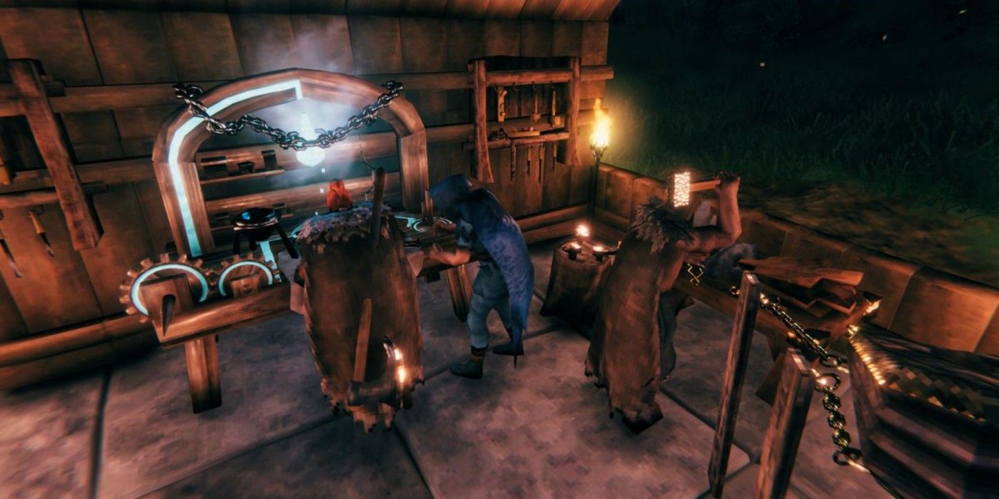 Two Vikings craft in a crafting station at their homestead in Valheim