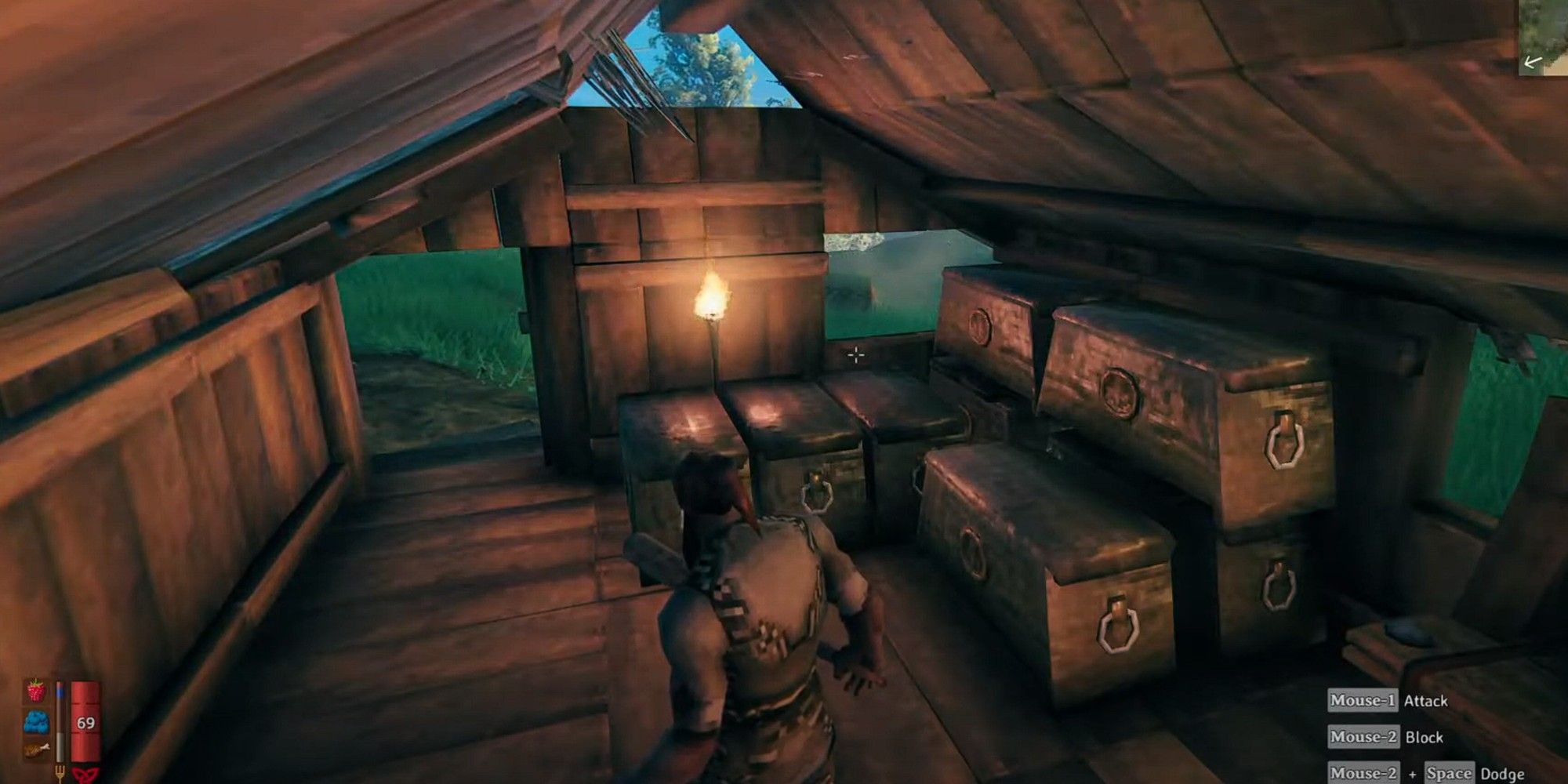 A player stacks chests in their home for more storage space in Valheim