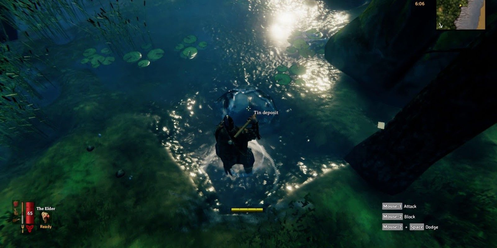 Players find a Tin Deposit near a water source in the Black Forest biome in Valheim