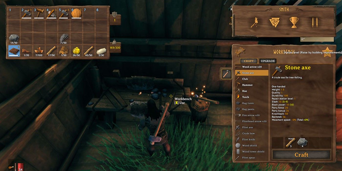 A player crafts weapons at the workbench in Valheim