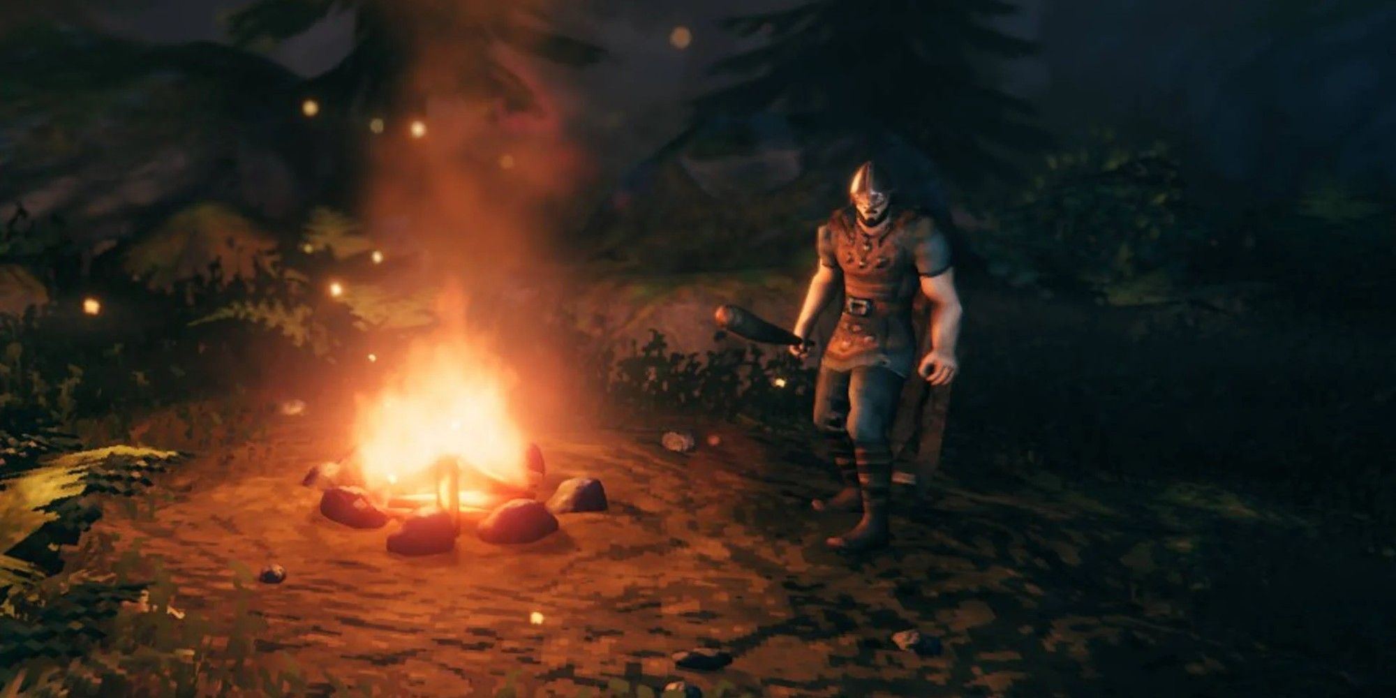 A player builds a campfire in Valheim.