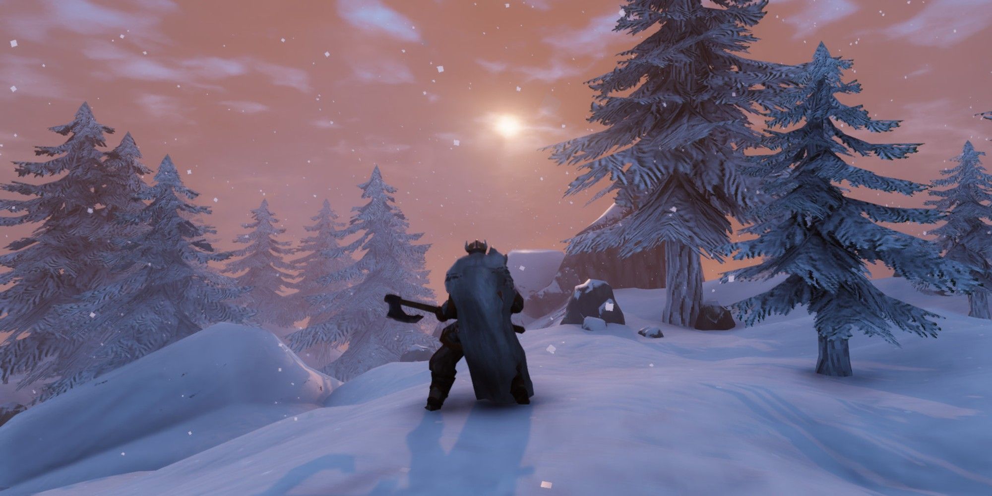 A player explores a snowy mountain in Valheim