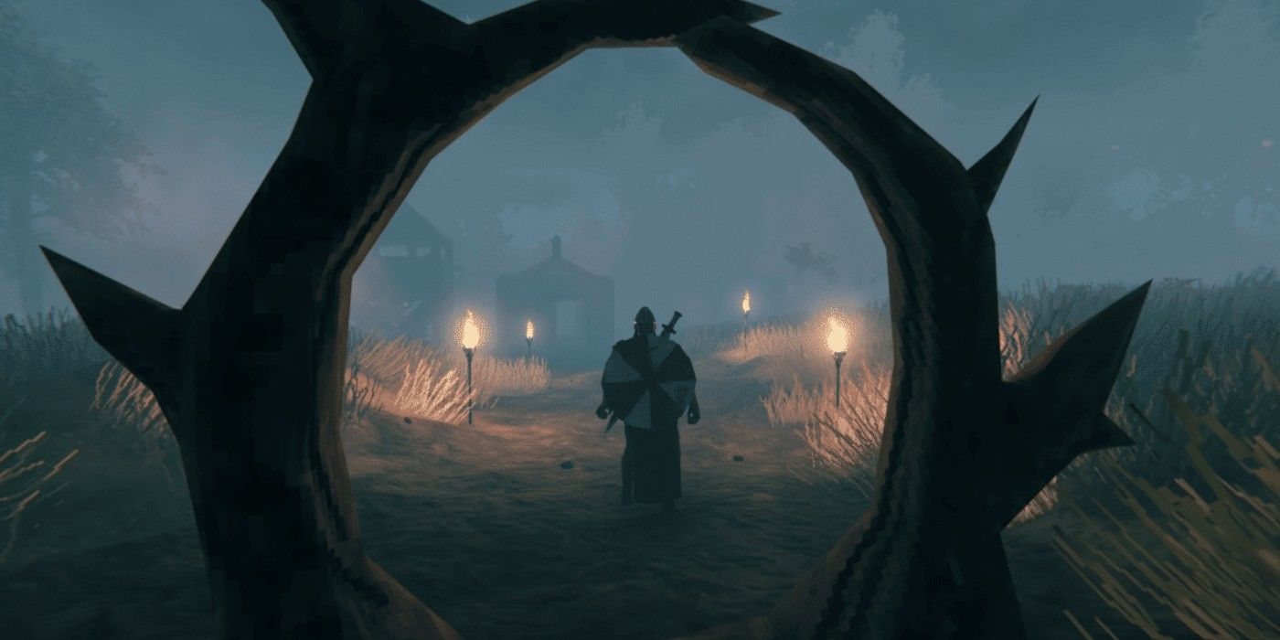 An armored Viking returns home at night in Valheim
