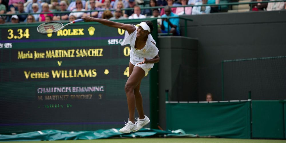 An action shot of Venus Williams in the documentary Venus Vs.