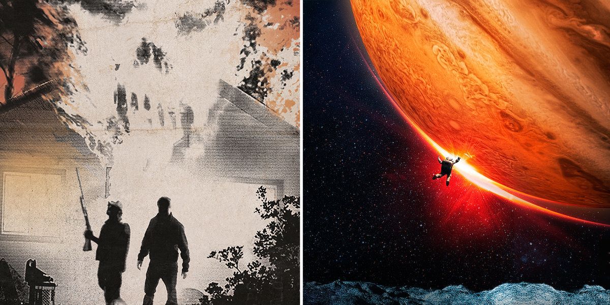Vertical split image of Resolution and Europa Report poster art