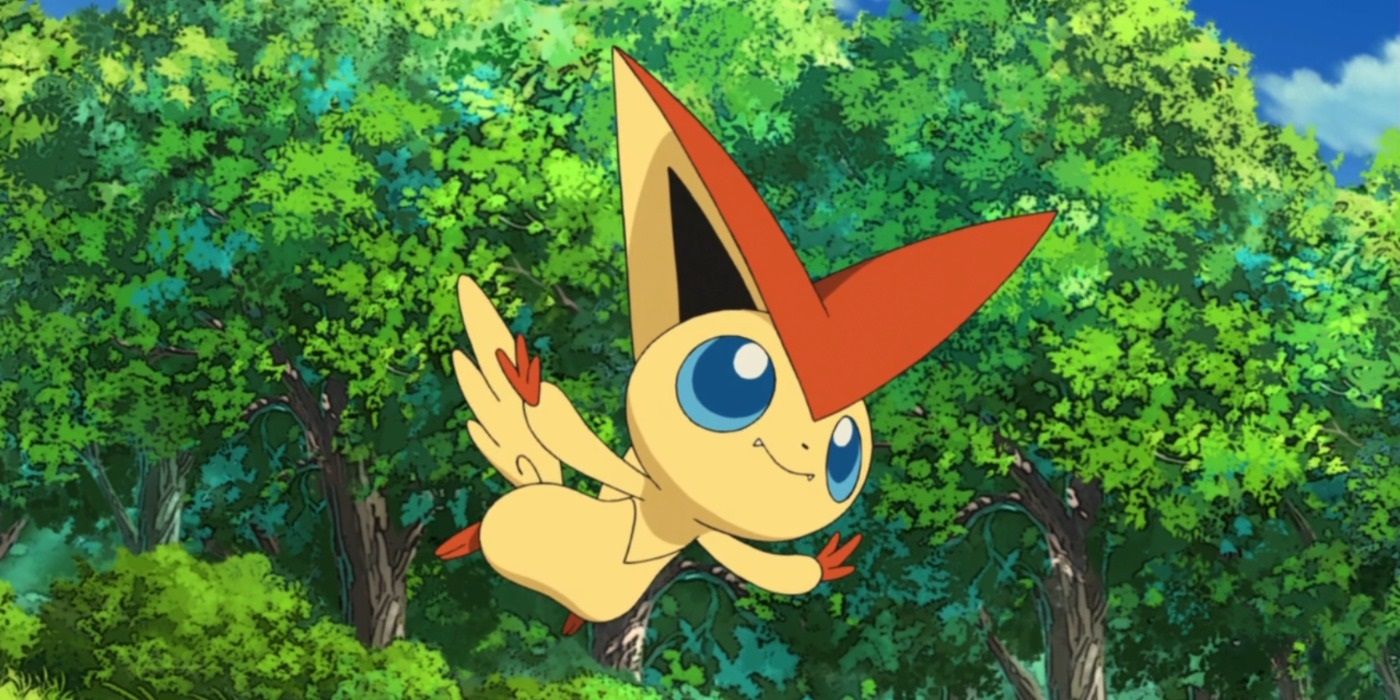 Victini flies from the trees