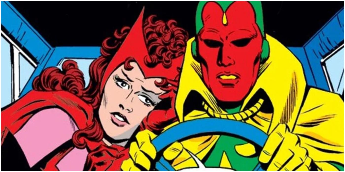 Vision and the Scarlet Witch driving a car.