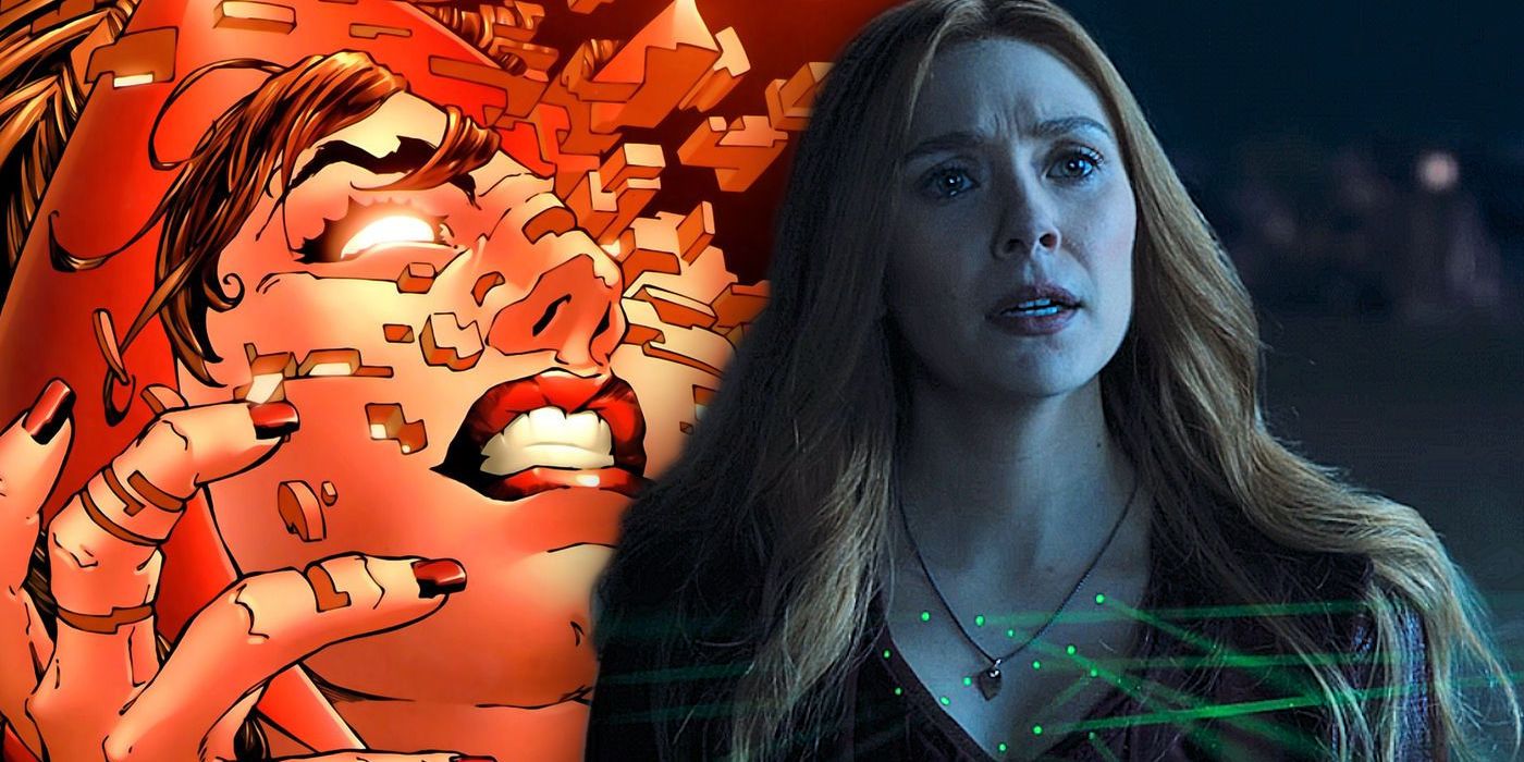 House of M Scarlet Witch and MCU Scarlet Witch side by side comparison. House of M Scarlet Witch is shown to have a distorted face