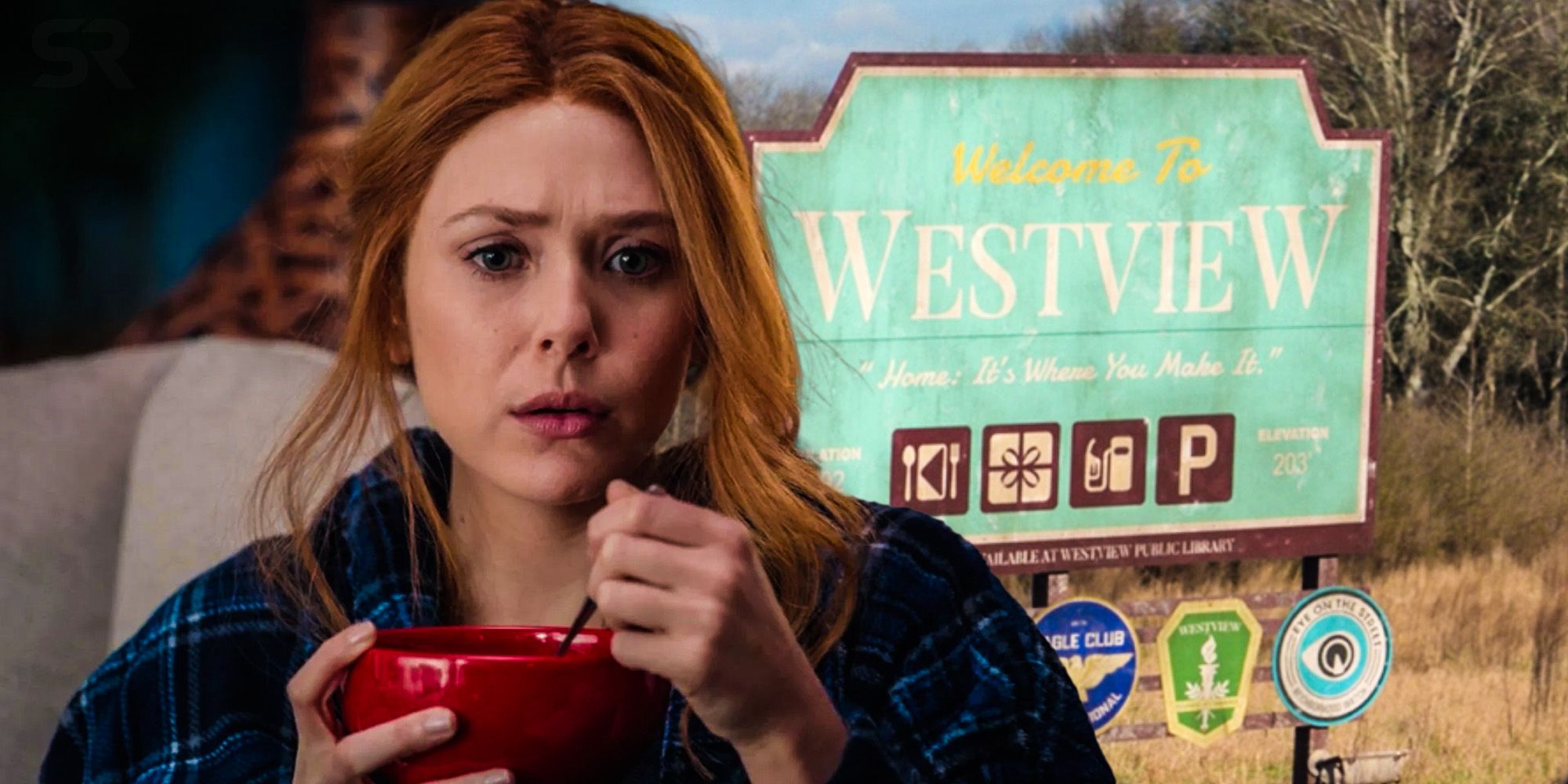 Wanda eating cereal and an image of the Westview sign from Wandavision